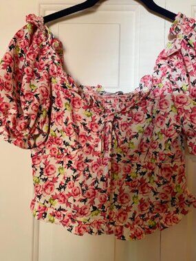 Zara Floral Ruffle Crop Top Pink Bow Front XS Cottagecore Romance Festival